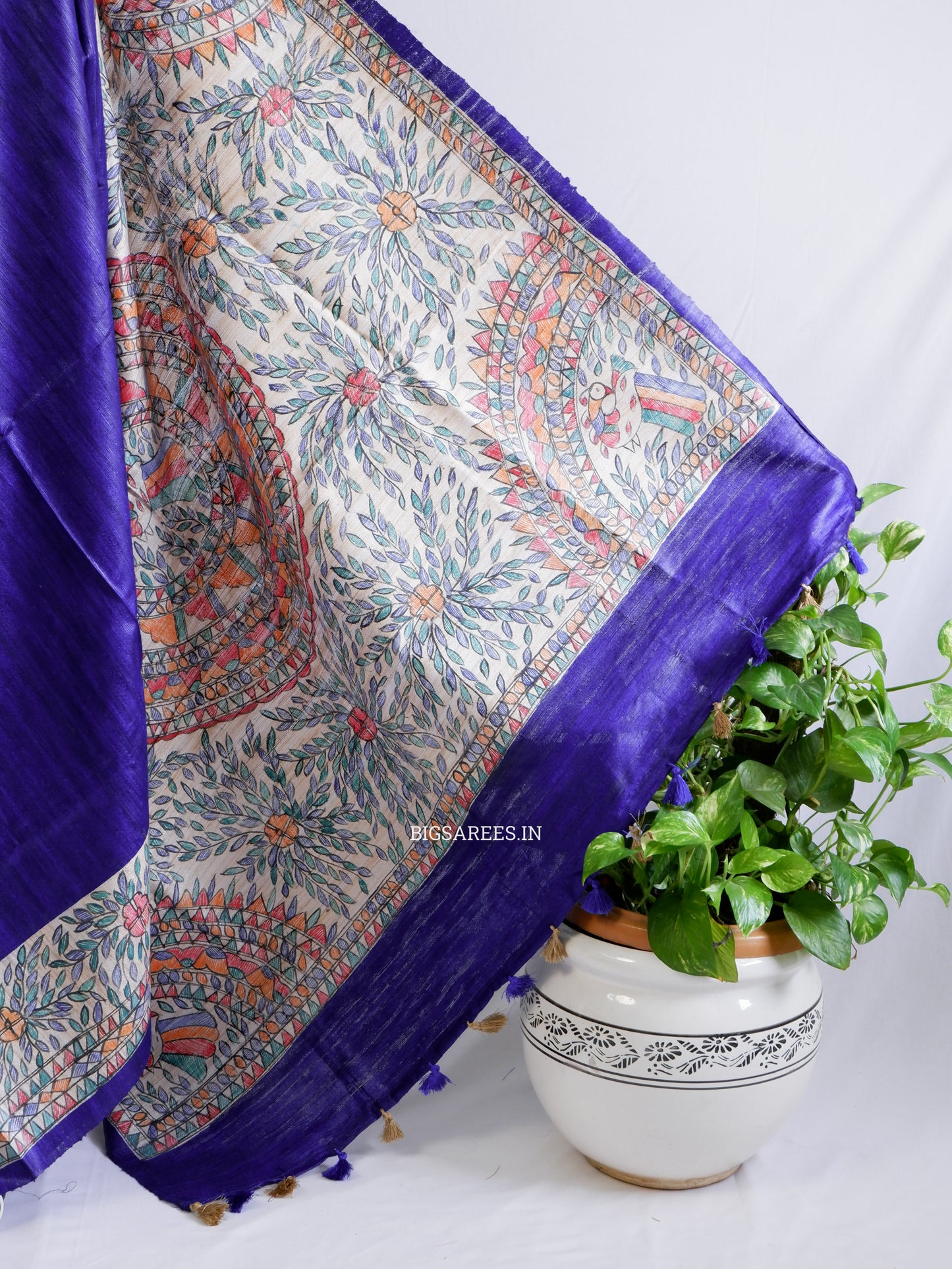 Handcrafted Madhubani Saree | Pure Tussar Ghicha Silk | Silk Mark Certified | Bluish Violet