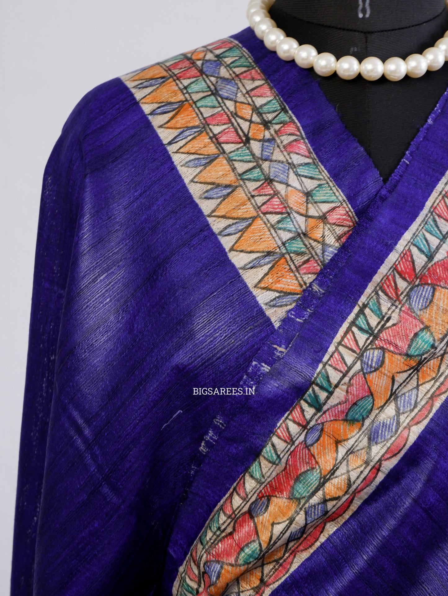 Handcrafted Madhubani Saree | Pure Tussar Ghicha Silk | Silk Mark Certified | Bluish Violet