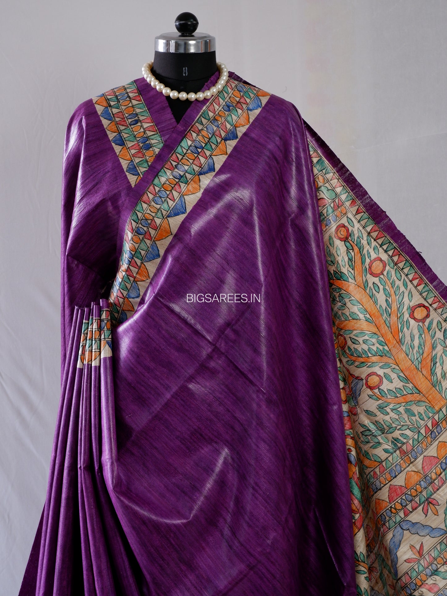 Handcrafted Madhubani Saree | Pure Tussar Ghicha Silk | Silk Mark Certified | Violet