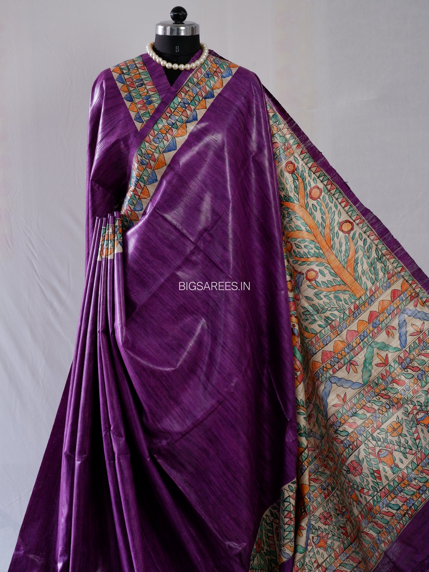 Handcrafted Madhubani Saree | Pure Tussar Ghicha Silk | Silk Mark Certified | Violet