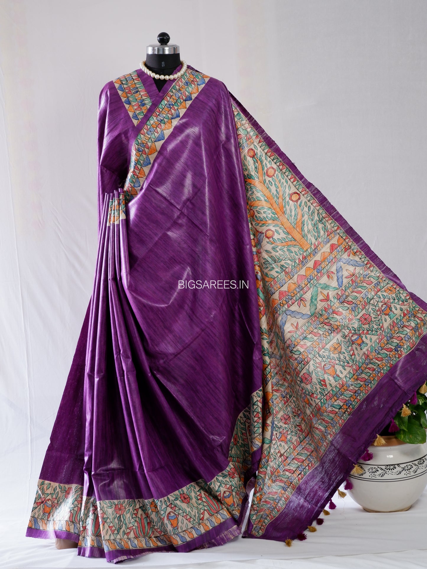 Handcrafted Madhubani Saree | Pure Tussar Ghicha Silk | Silk Mark Certified | Violet