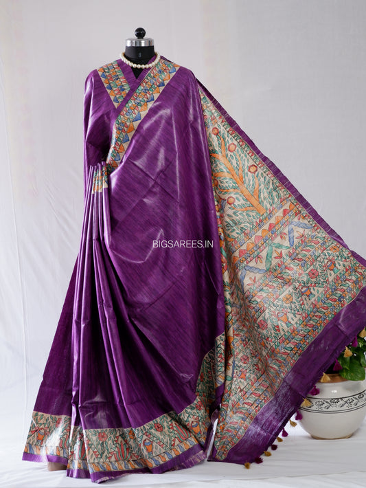 Handcrafted Madhubani Saree | Pure Tussar Ghicha Silk | Silk Mark Certified | Violet