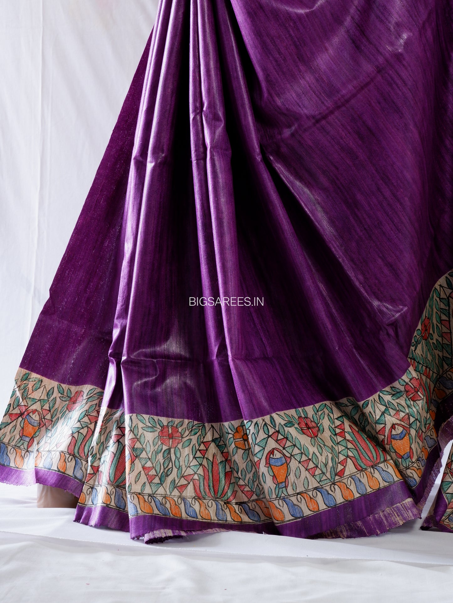 Handcrafted Madhubani Saree | Pure Tussar Ghicha Silk | Silk Mark Certified | Violet