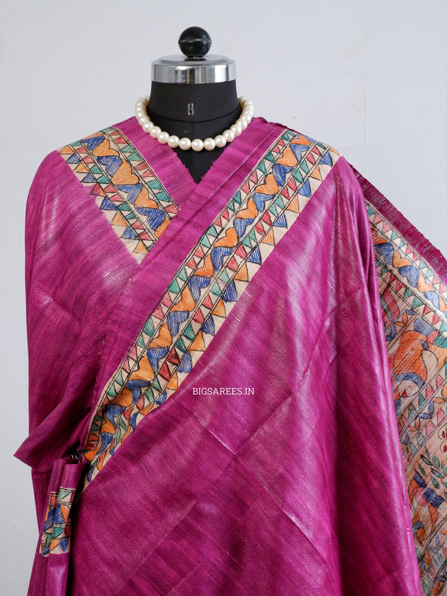 Handcrafted Madhubani Saree | Pure Tussar Ghicha Silk | Silk Mark Certified | Pink