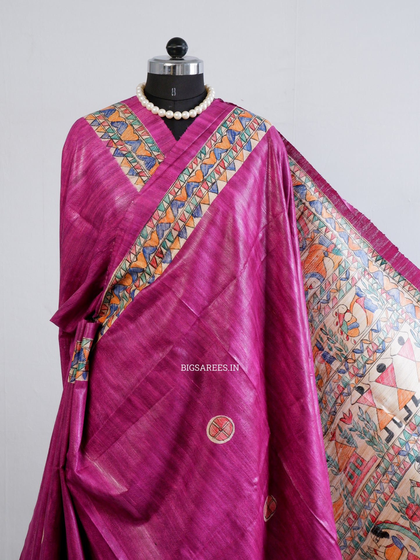 Handcrafted Madhubani Saree | Pure Tussar Ghicha Silk | Silk Mark Certified | Pink