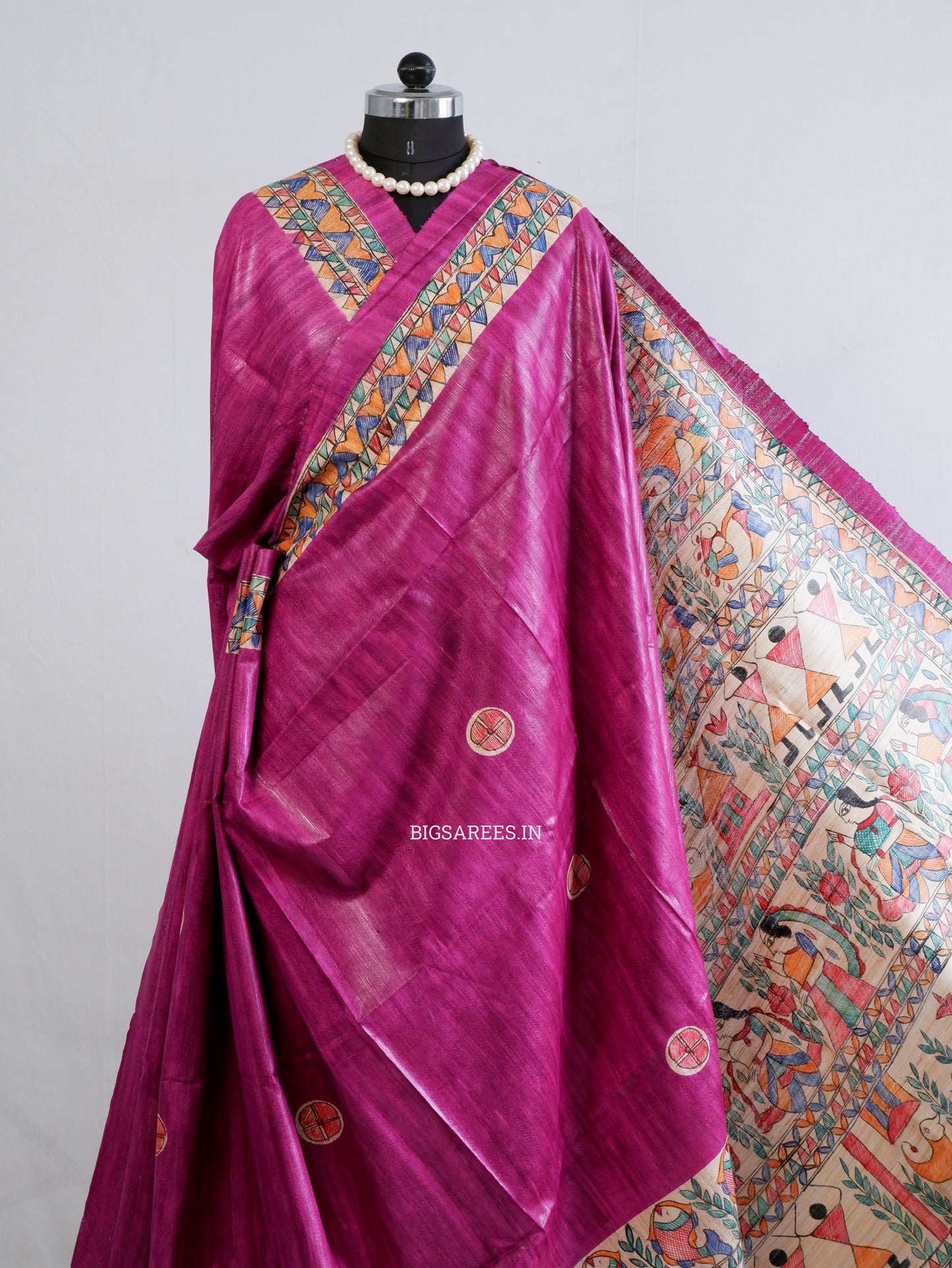 Handcrafted Madhubani Saree | Pure Tussar Ghicha Silk | Silk Mark Certified | Pink