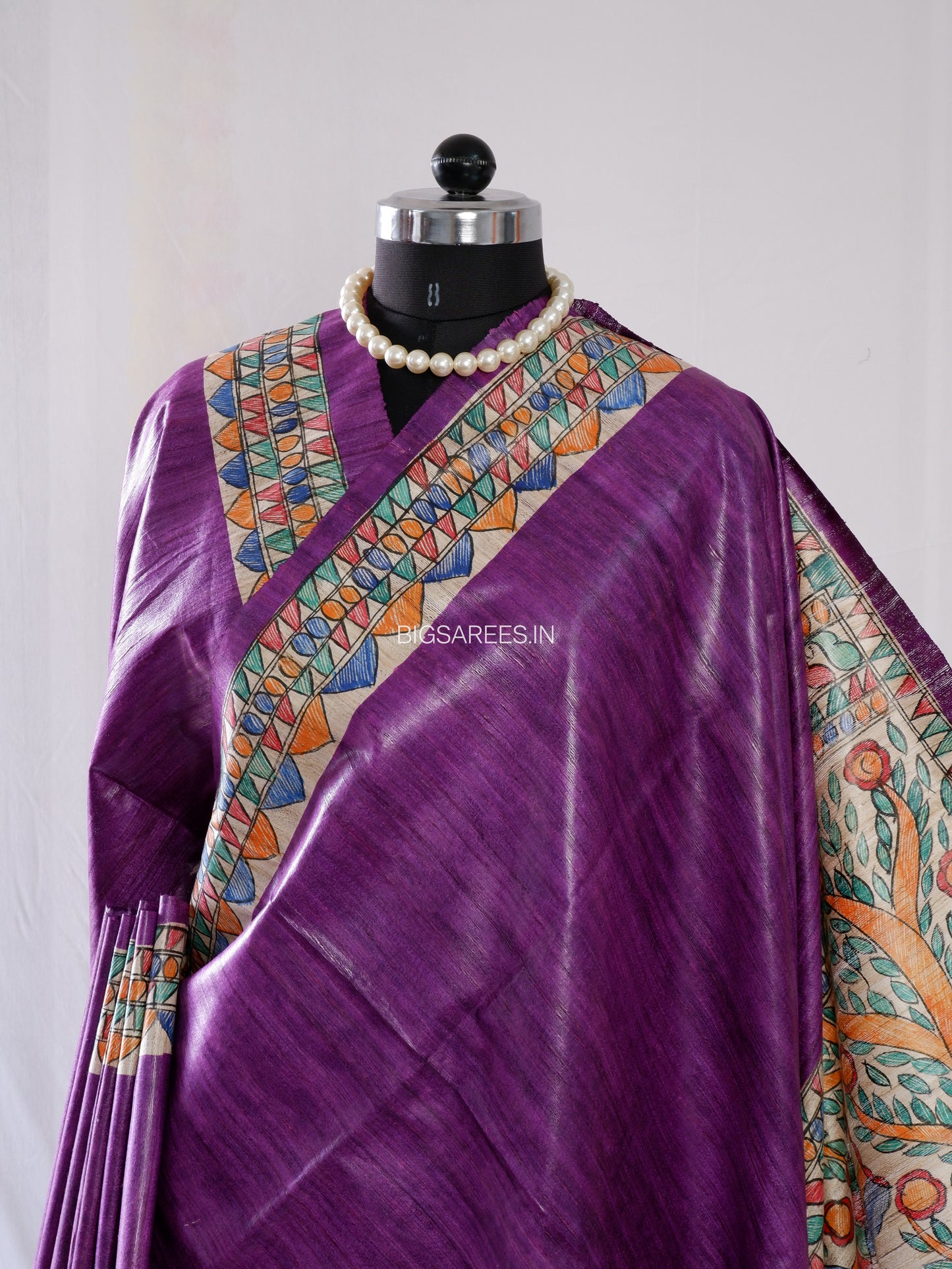 Handcrafted Madhubani Saree | Pure Tussar Ghicha Silk | Silk Mark Certified | Violet