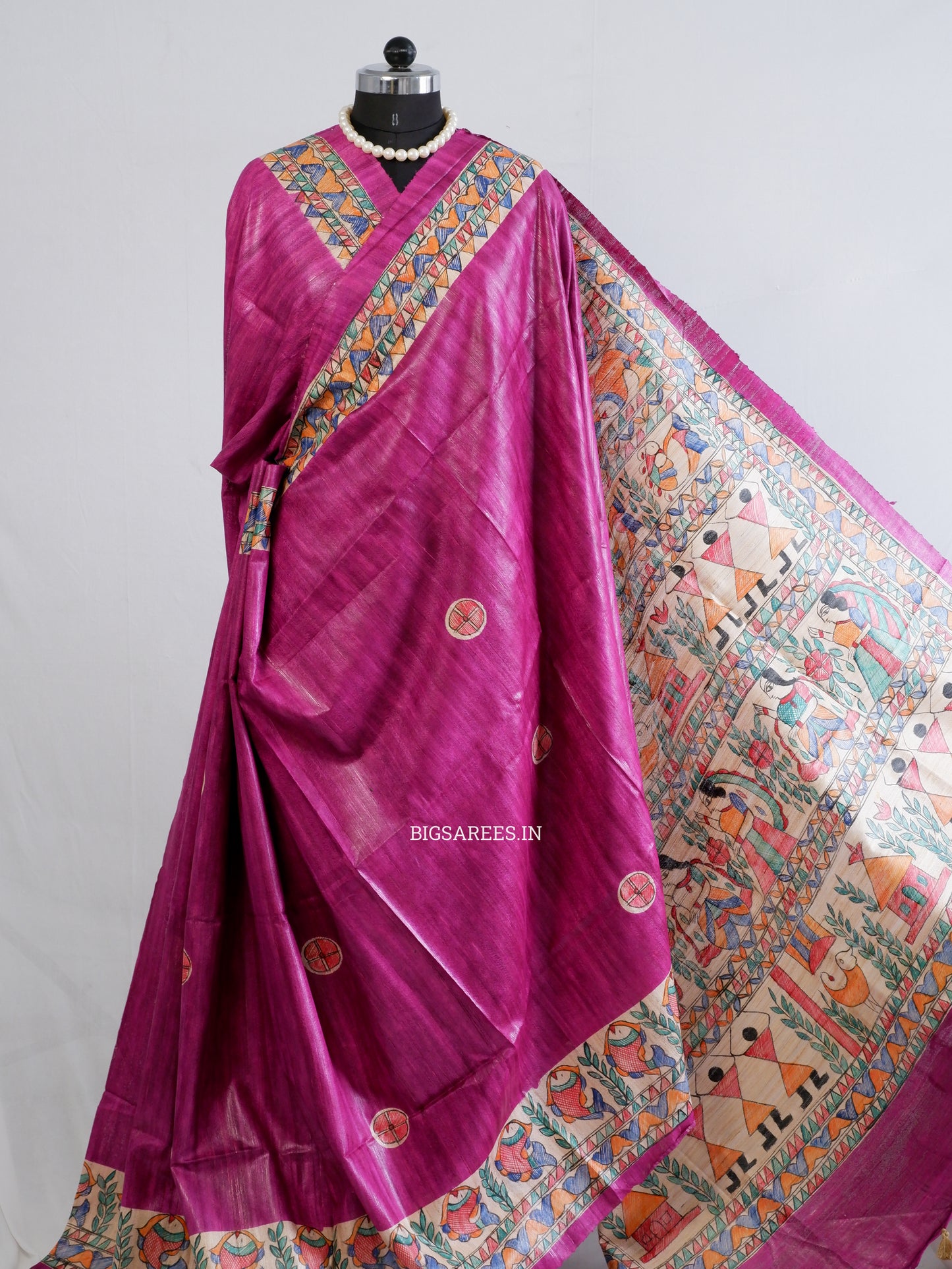 Handcrafted Madhubani Saree | Pure Tussar Ghicha Silk | Silk Mark Certified | Pink