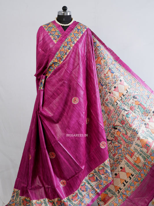 Handcrafted Madhubani Saree | Pure Tussar Ghicha Silk | Silk Mark Certified | Pink