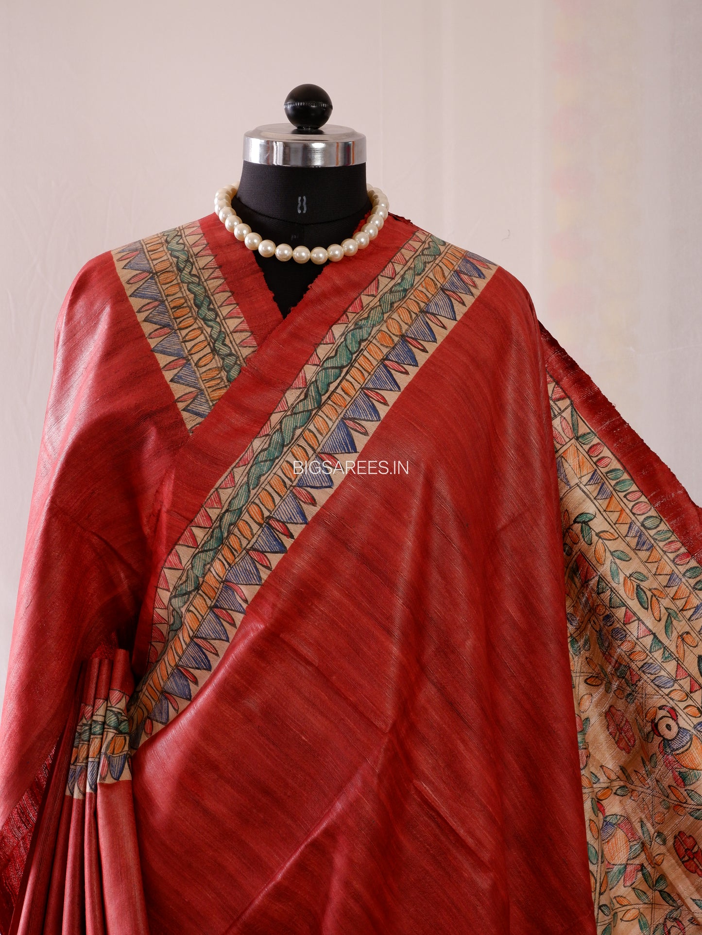 Handcrafted Madhubani Saree | Pure Tussar Ghicha Silk | Silk Mark Certified | Reddish Brown