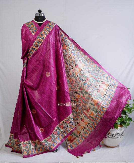 Handcrafted Madhubani Saree | Pure Tussar Ghicha Silk | Silk Mark Certified | Pink