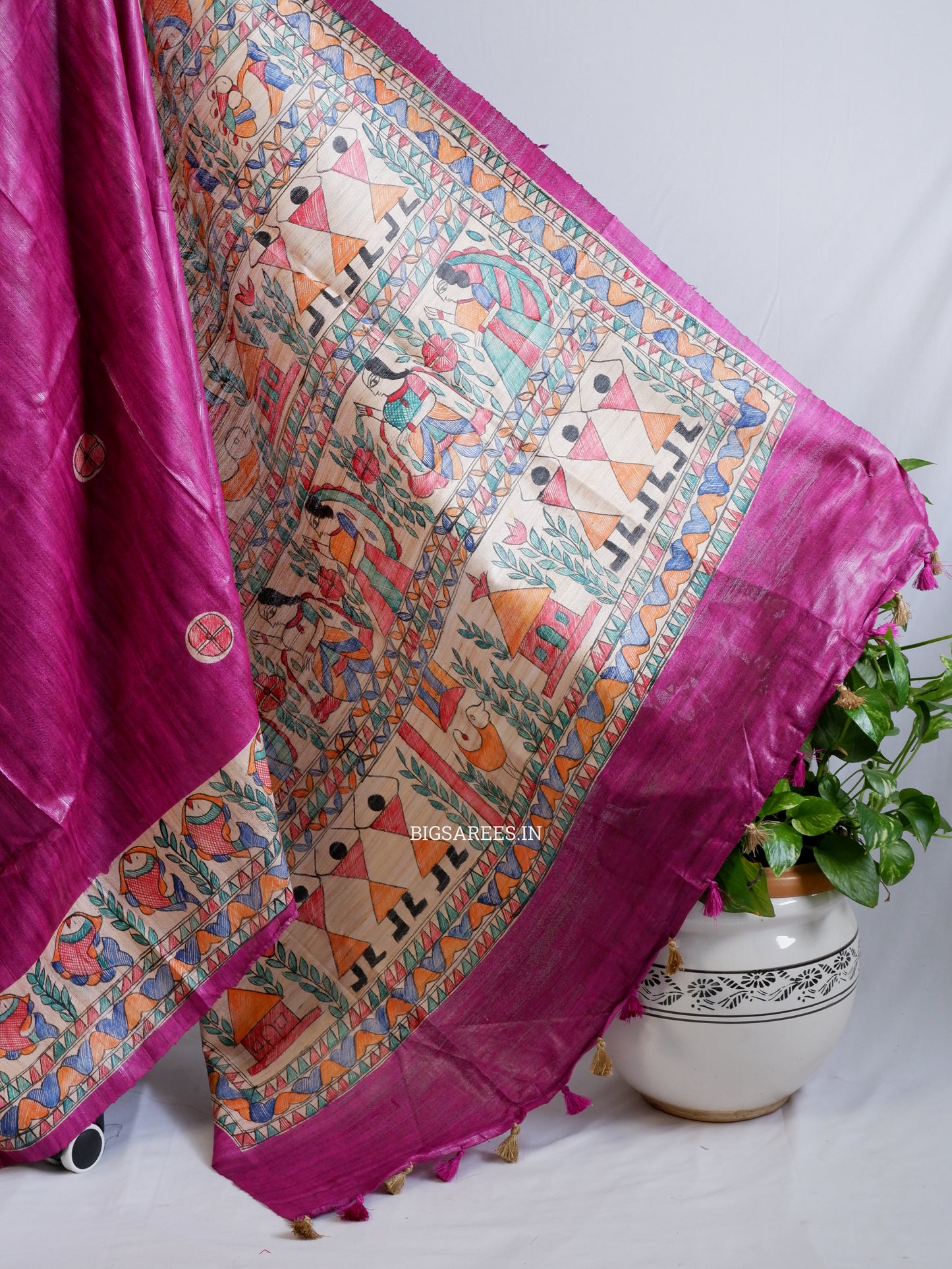 Handcrafted Madhubani Saree | Pure Tussar Ghicha Silk | Silk Mark Certified | Pink