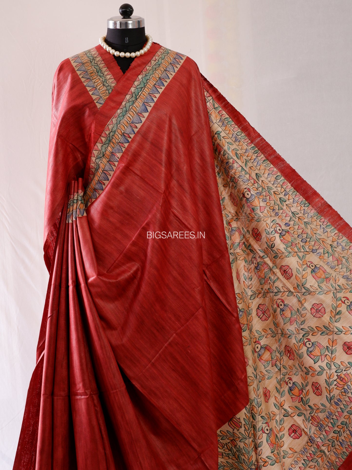 Handcrafted Madhubani Saree | Pure Tussar Ghicha Silk | Silk Mark Certified | Reddish Brown