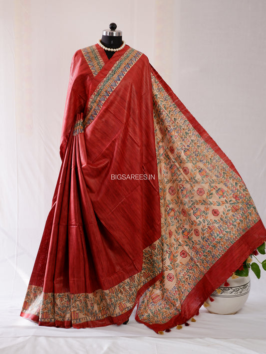 Handcrafted Madhubani Saree | Pure Tussar Ghicha Silk | Silk Mark Certified | Reddish Brown
