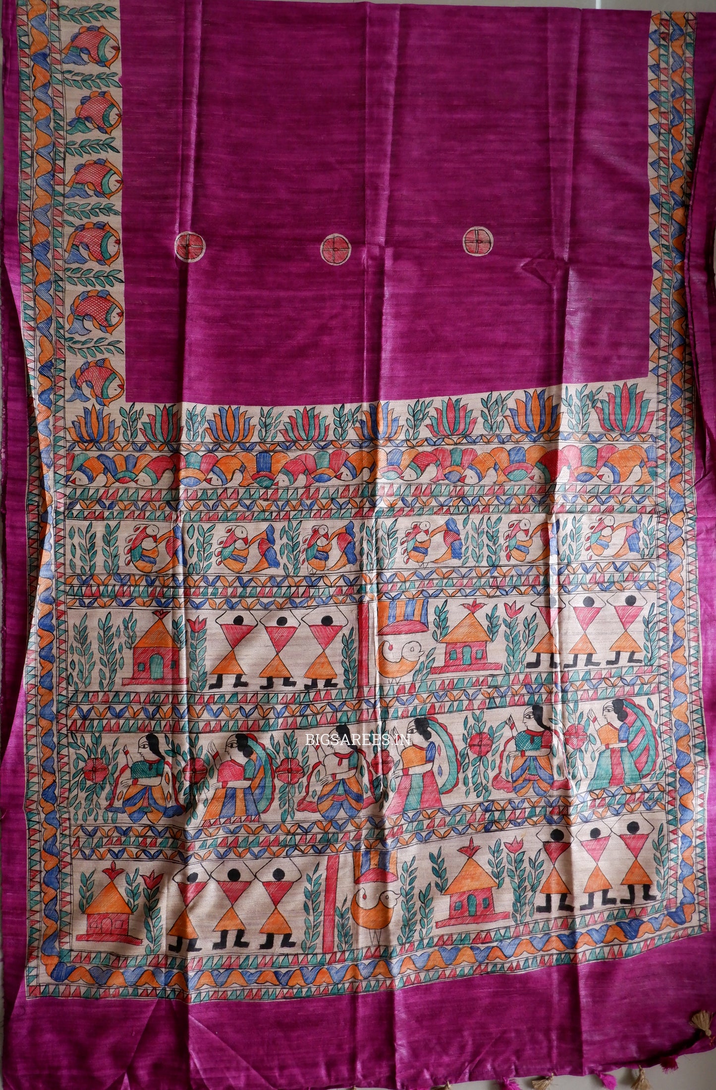 Handcrafted Madhubani Saree | Pure Tussar Ghicha Silk | Silk Mark Certified | Pink