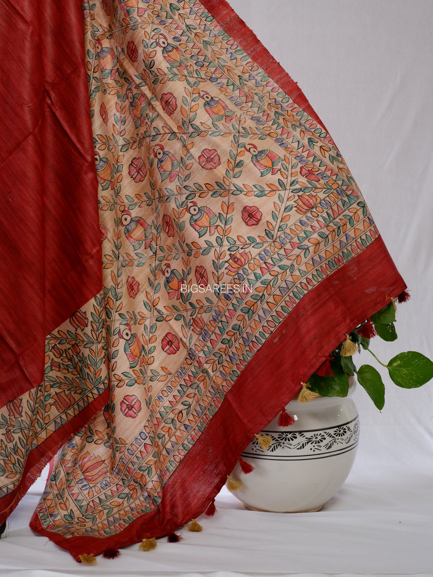 Handcrafted Madhubani Saree | Pure Tussar Ghicha Silk | Silk Mark Certified | Reddish Brown