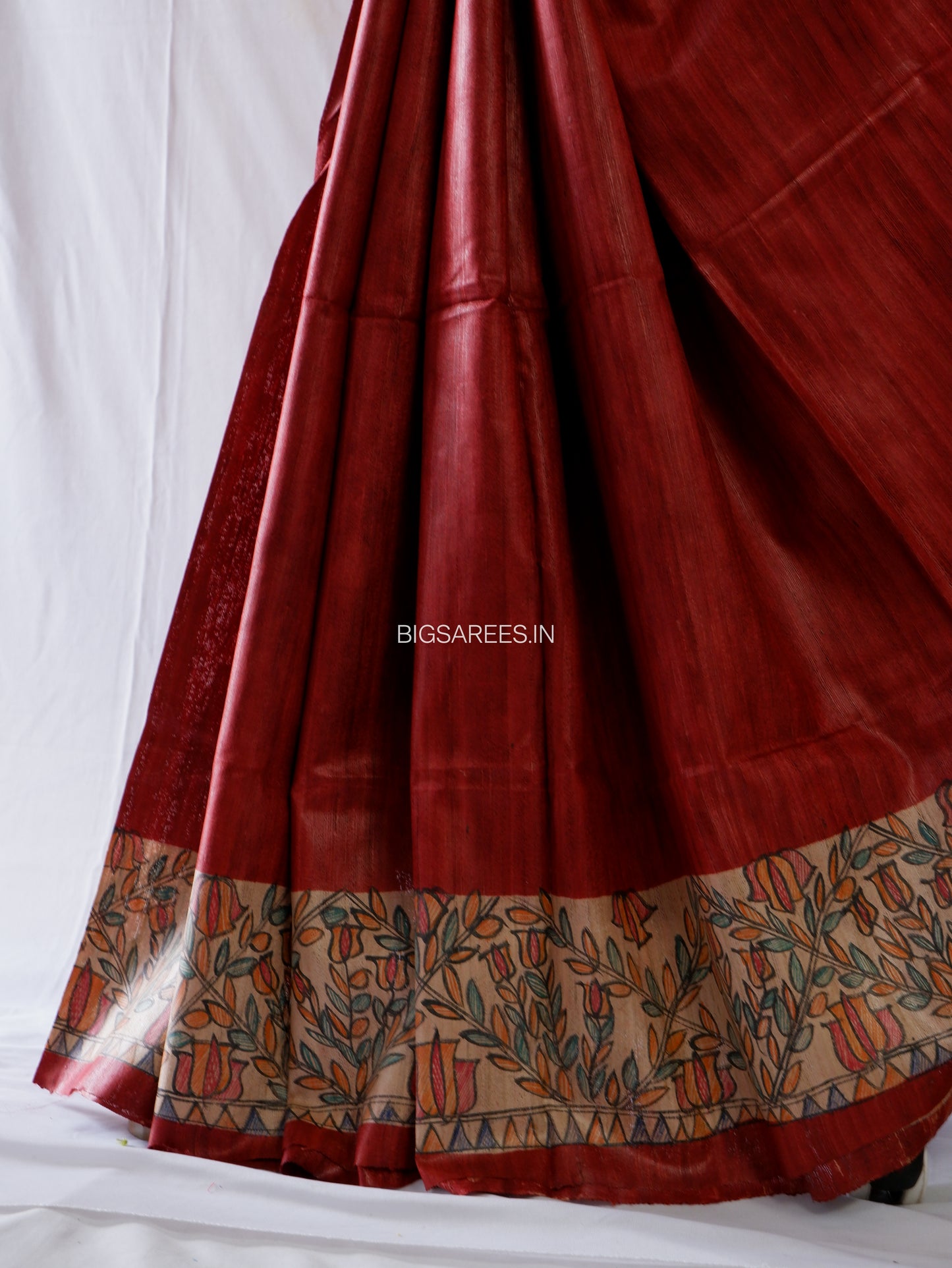 Handcrafted Madhubani Saree | Pure Tussar Ghicha Silk | Silk Mark Certified | Reddish Brown