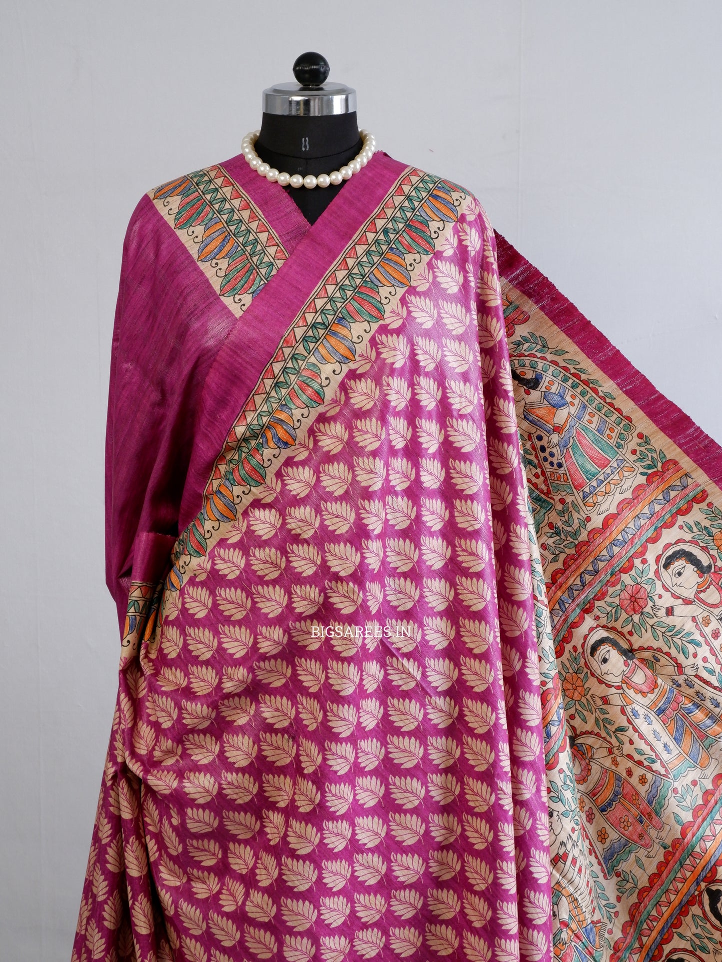 Handcrafted Madhubani Saree | Pure Tussar Ghicha Silk | Silk Mark Certified | Pink