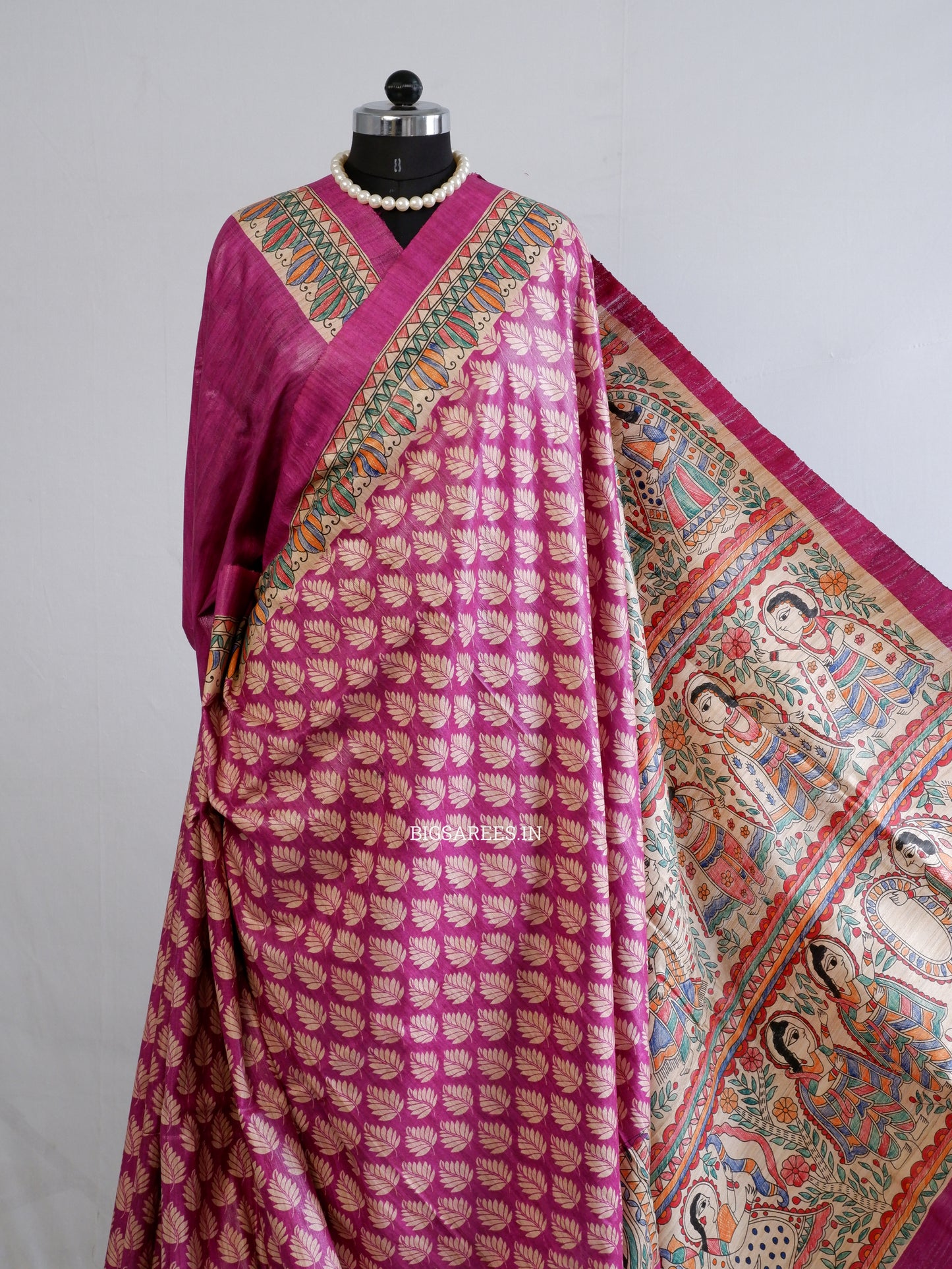 Handcrafted Madhubani Saree | Pure Tussar Ghicha Silk | Silk Mark Certified | Pink