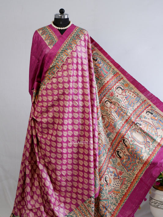 Handcrafted Madhubani Saree | Pure Tussar Ghicha Silk | Silk Mark Certified | Pink