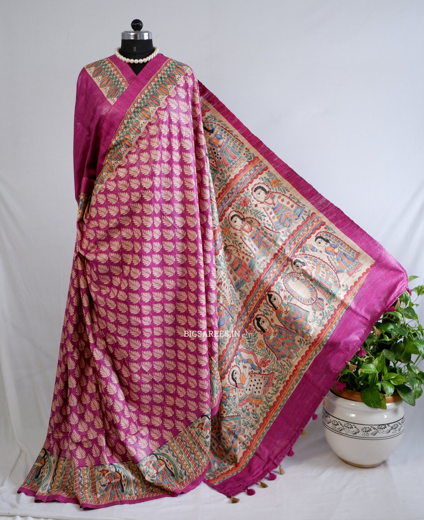 Handcrafted Madhubani Saree | Pure Tussar Ghicha Silk | Silk Mark Certified | Pink