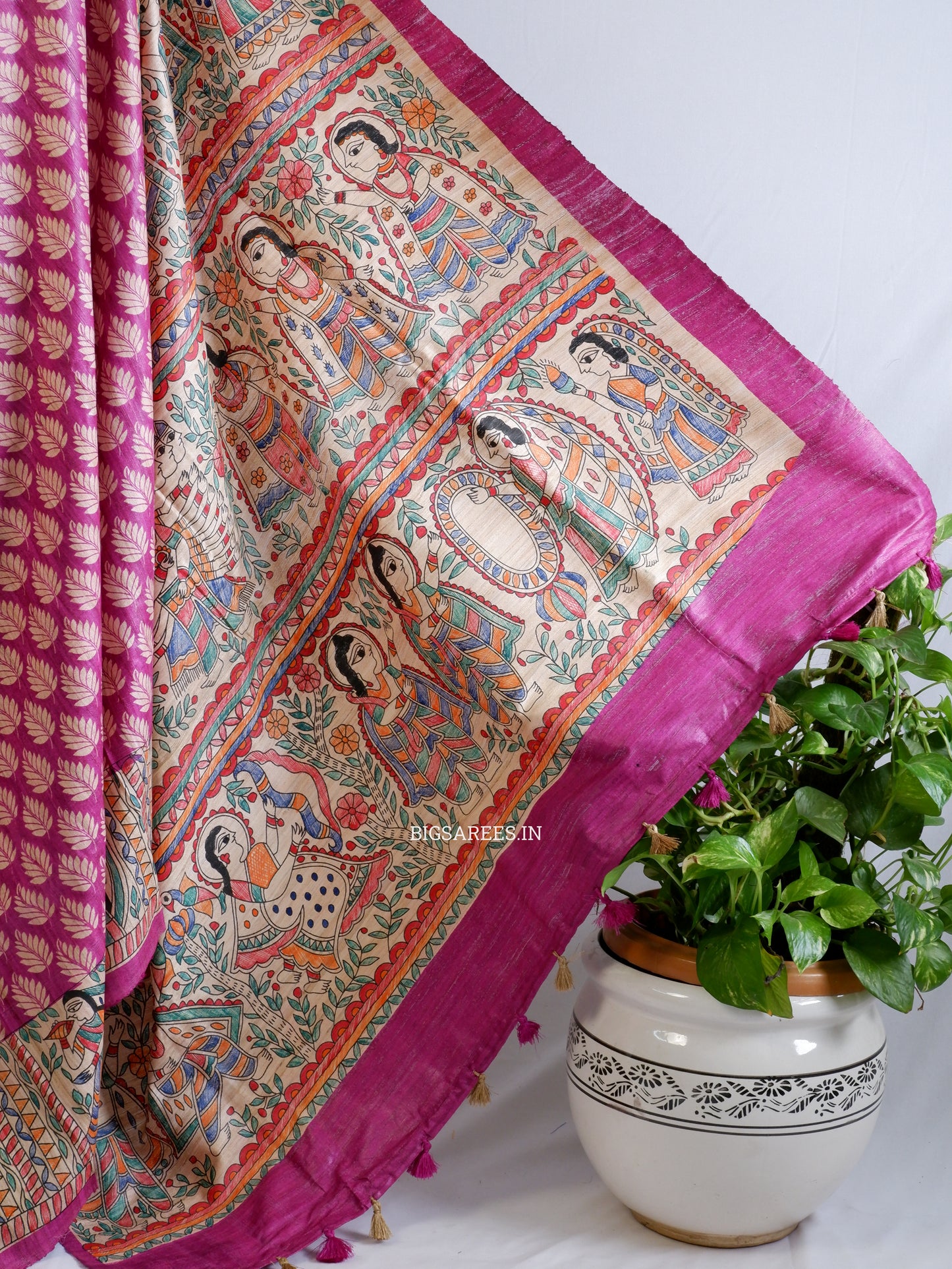 Handcrafted Madhubani Saree | Pure Tussar Ghicha Silk | Silk Mark Certified | Pink