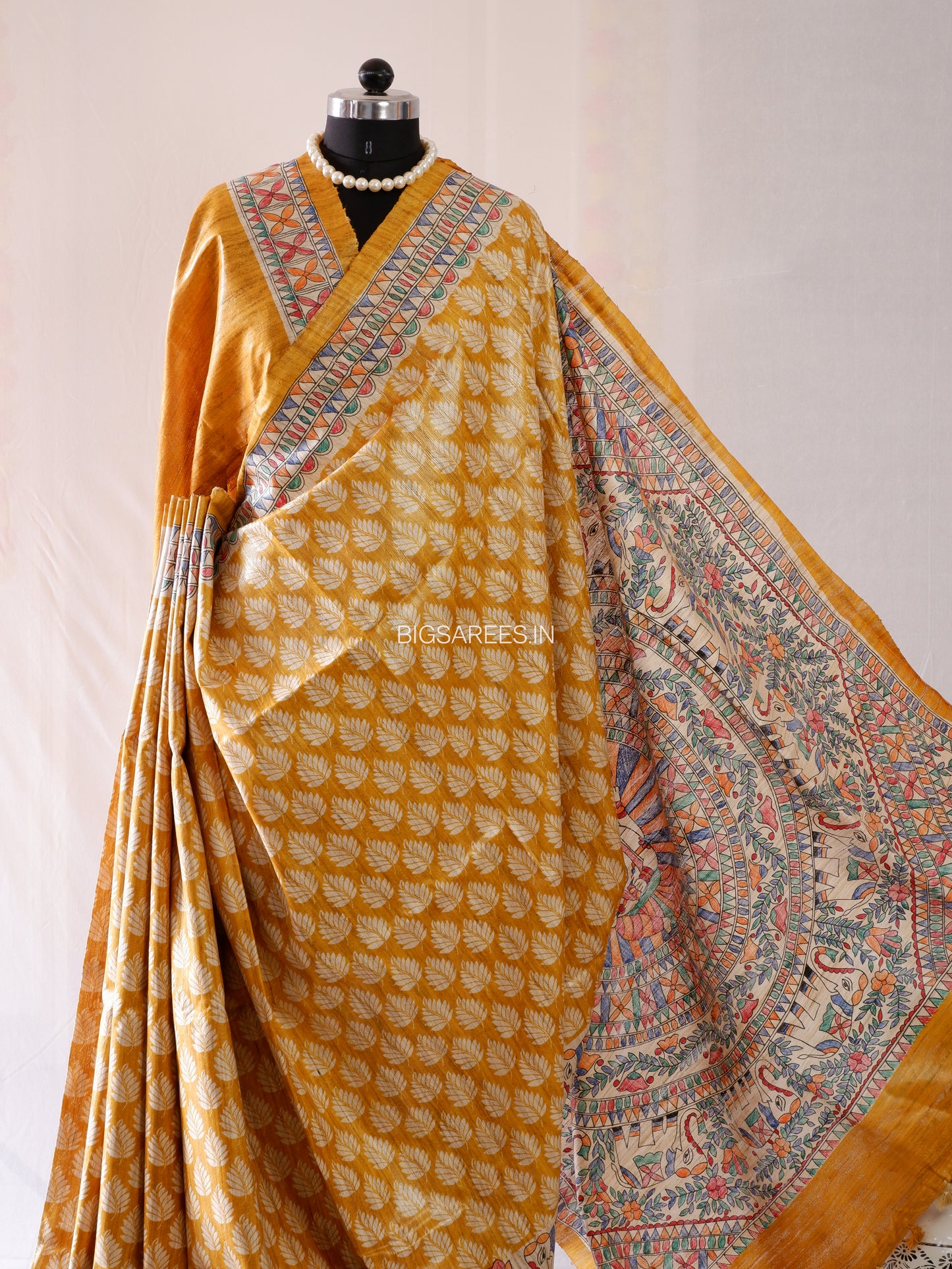 Handcrafted Madhubani Saree | Pure Tussar Ghicha Silk | Silk Mark Certified | Dark Bronze