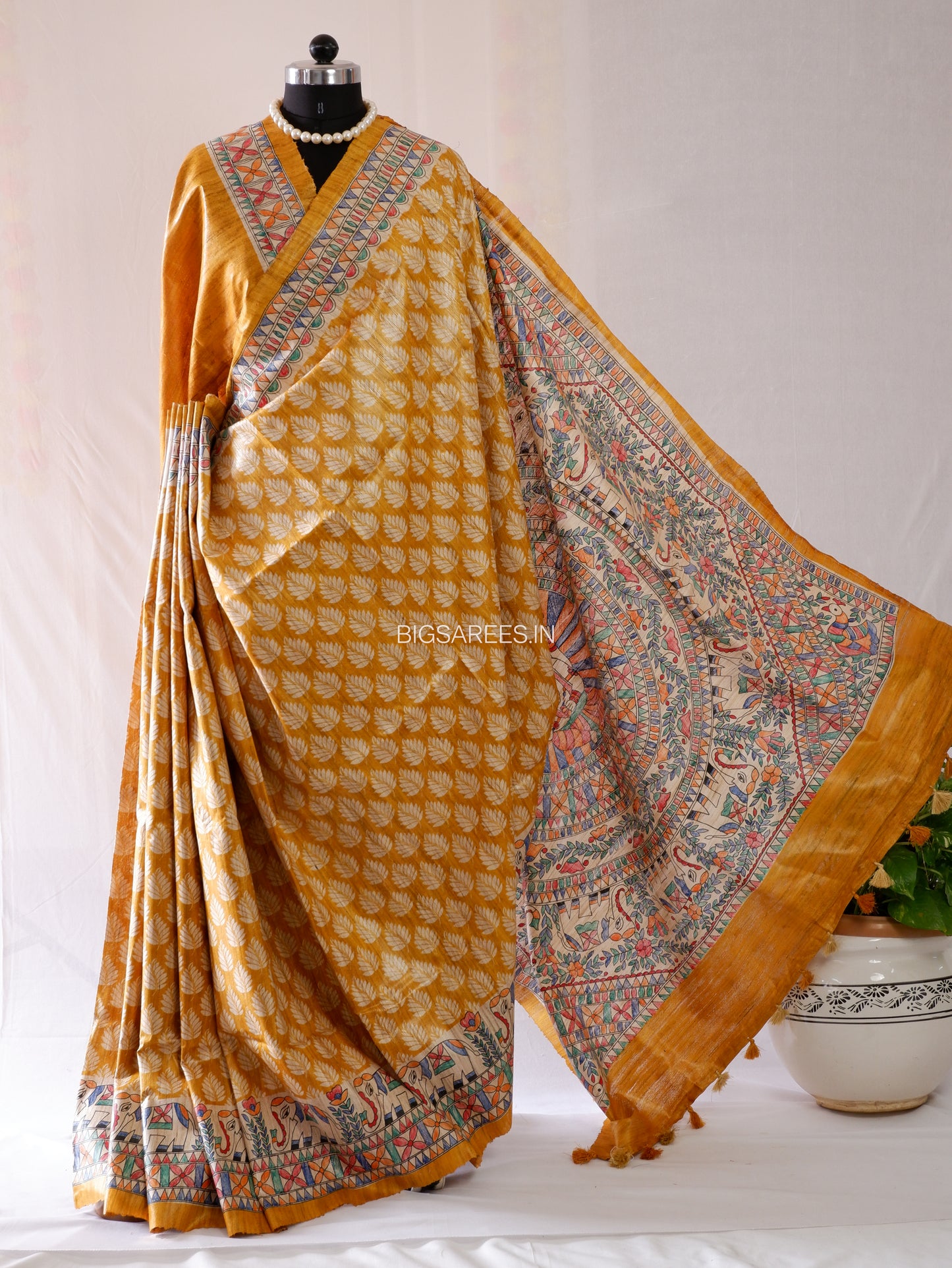 Handcrafted Madhubani Saree | Pure Tussar Ghicha Silk | Silk Mark Certified | Dark Bronze