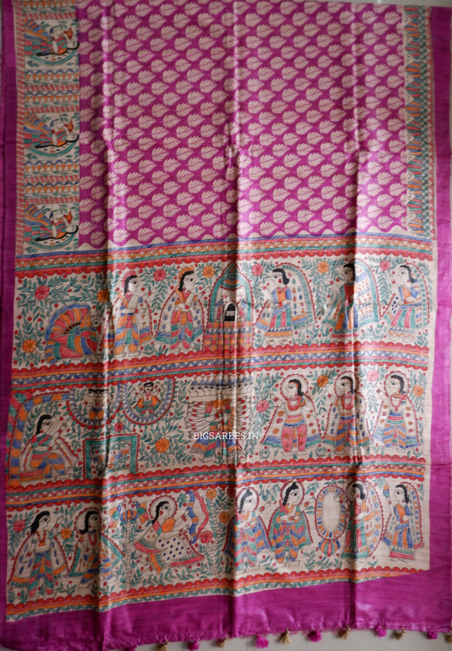 Handcrafted Madhubani Saree | Pure Tussar Ghicha Silk | Silk Mark Certified | Pink