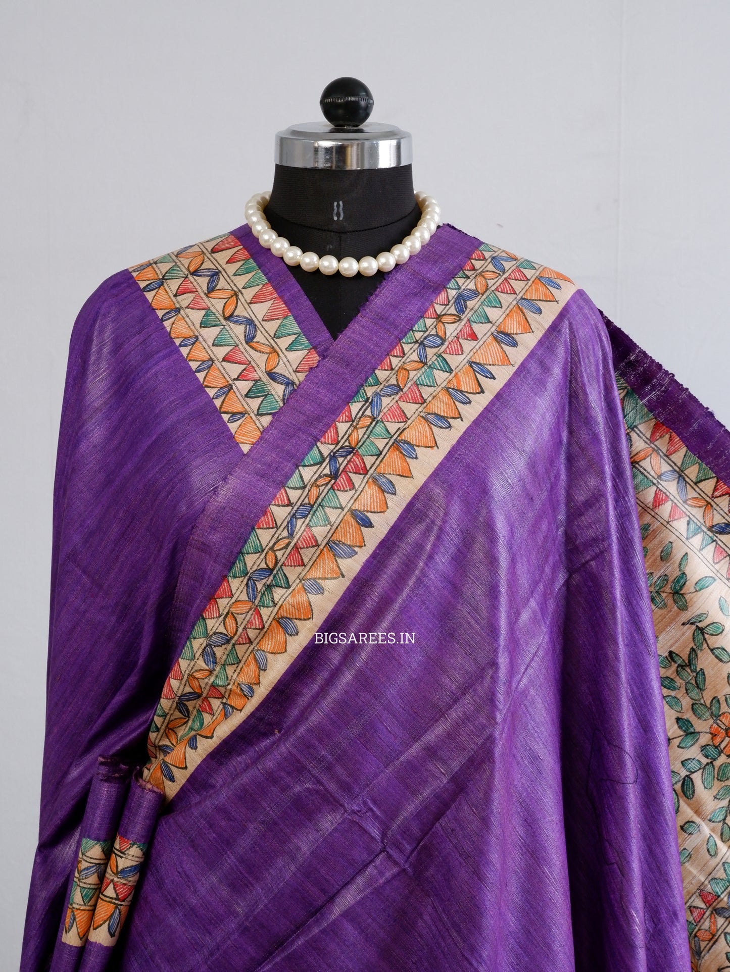 Handcrafted Madhubani Saree | Pure Tussar Ghicha Silk | Silk Mark Certified | Violet