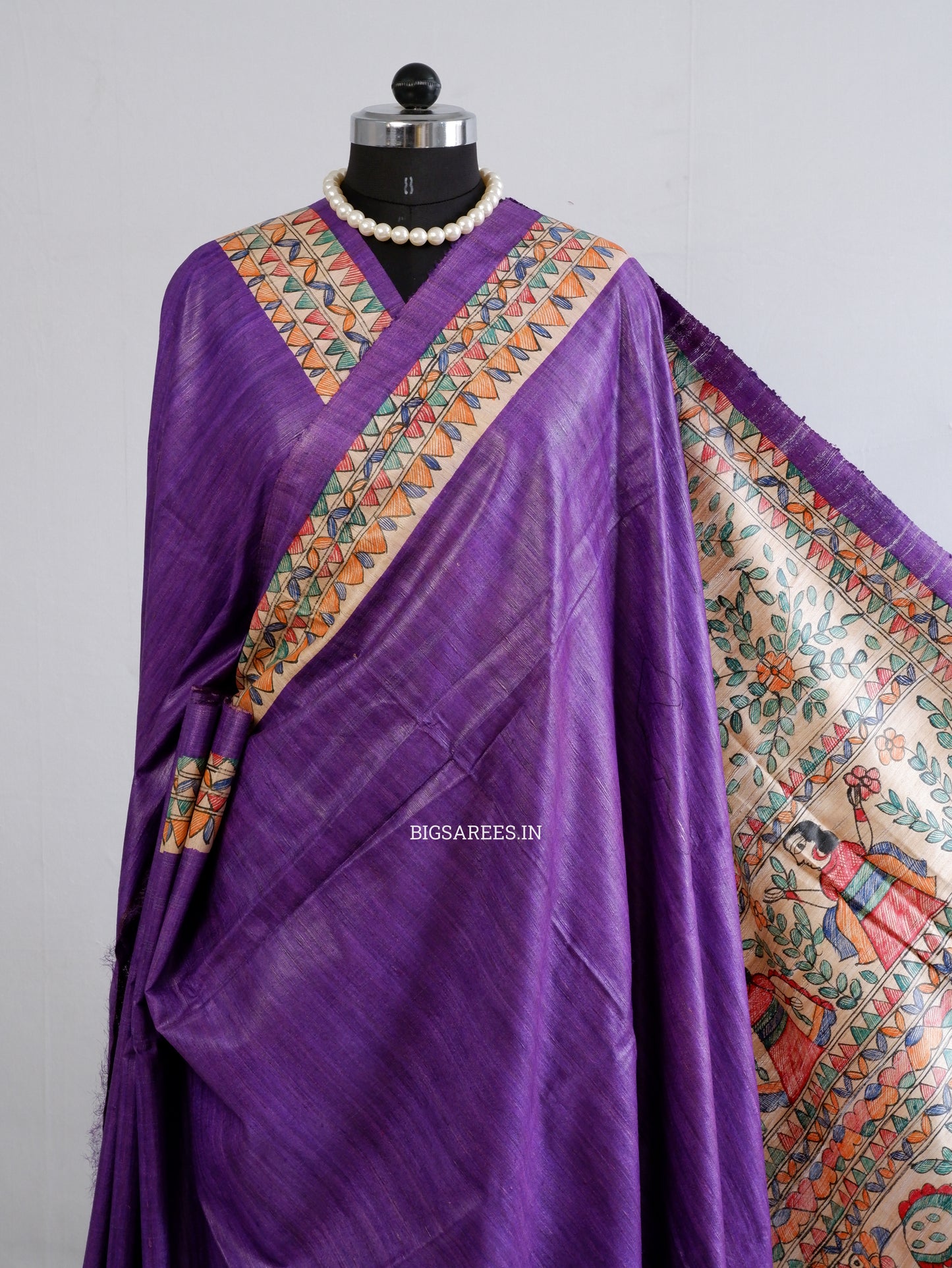 Handcrafted Madhubani Saree | Pure Tussar Ghicha Silk | Silk Mark Certified | Violet