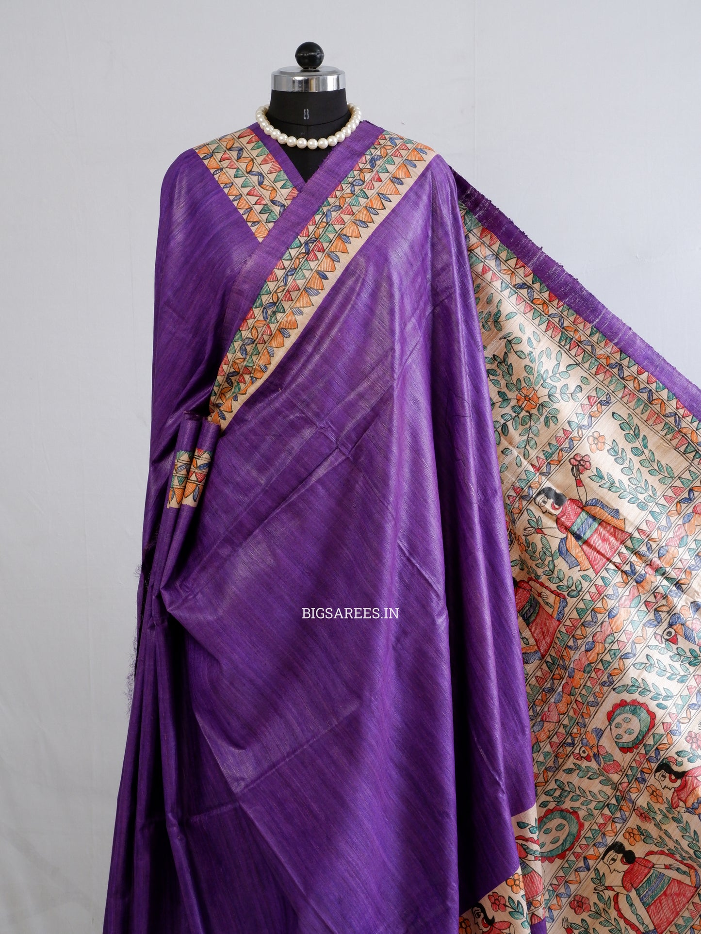 Handcrafted Madhubani Saree | Pure Tussar Ghicha Silk | Silk Mark Certified | Violet