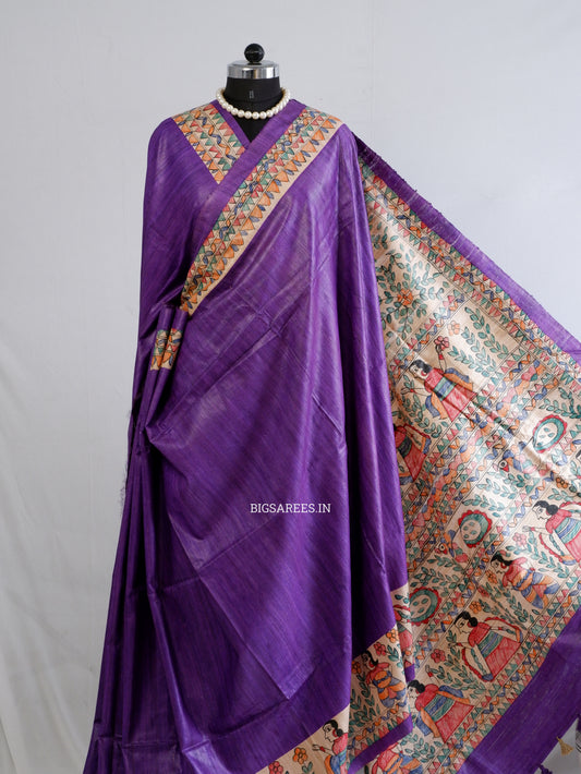 Handcrafted Madhubani Saree | Pure Tussar Ghicha Silk | Silk Mark Certified | Violet