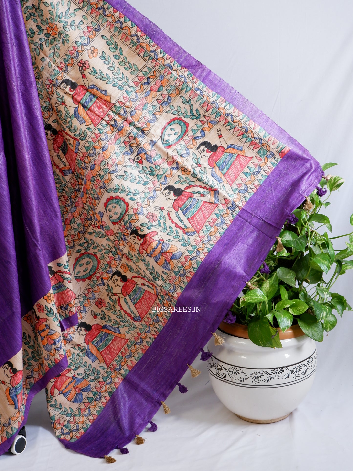 Handcrafted Madhubani Saree | Pure Tussar Ghicha Silk | Silk Mark Certified | Violet