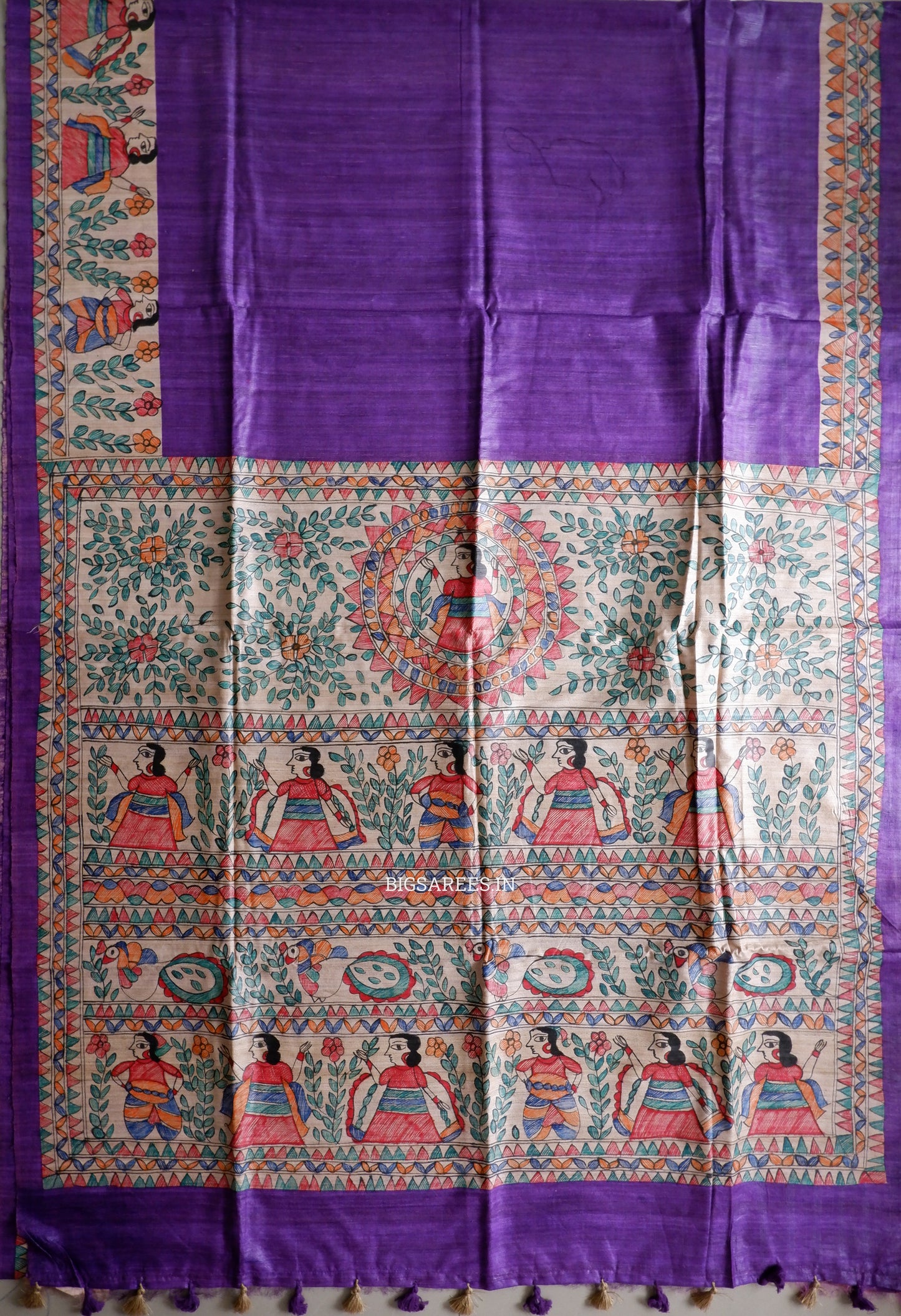 Handcrafted Madhubani Saree | Pure Tussar Ghicha Silk | Silk Mark Certified | Violet