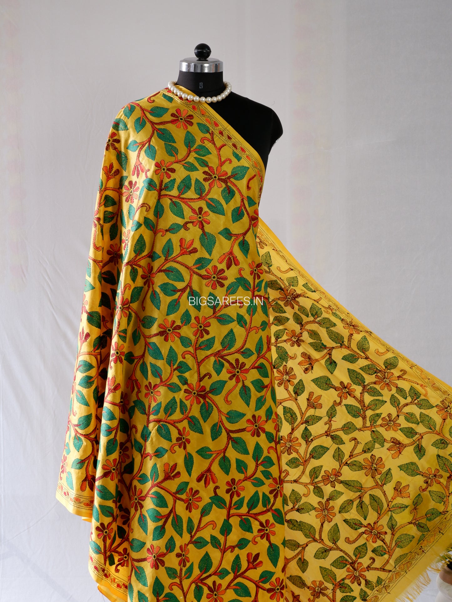 Kantha Hand-Embroidered Dupatta | Blended Bangalore Silk | Full Work | Yellow