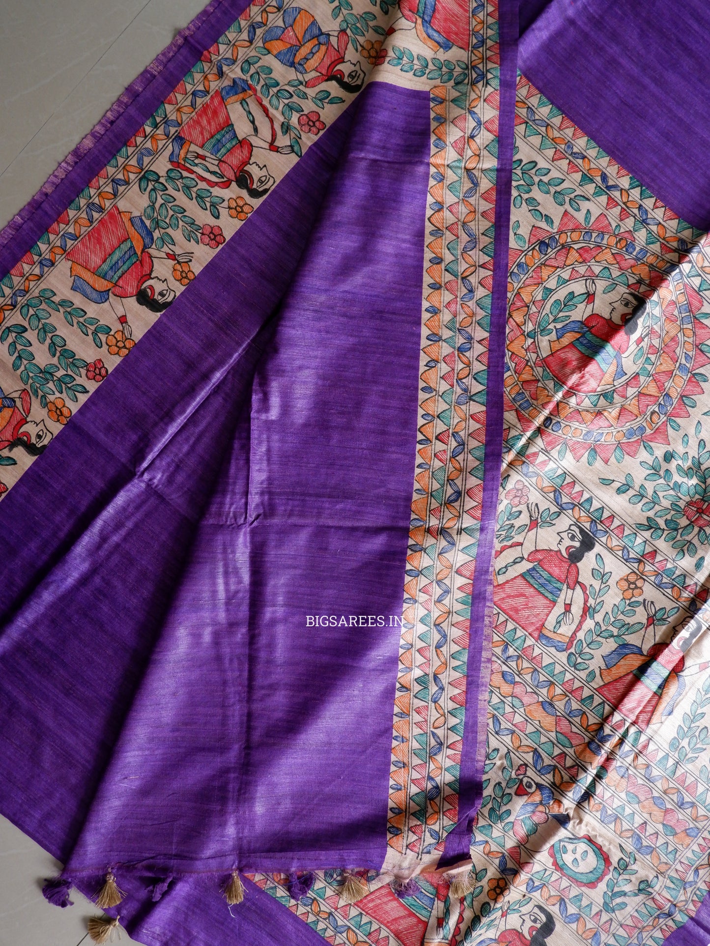 Handcrafted Madhubani Saree | Pure Tussar Ghicha Silk | Silk Mark Certified | Violet