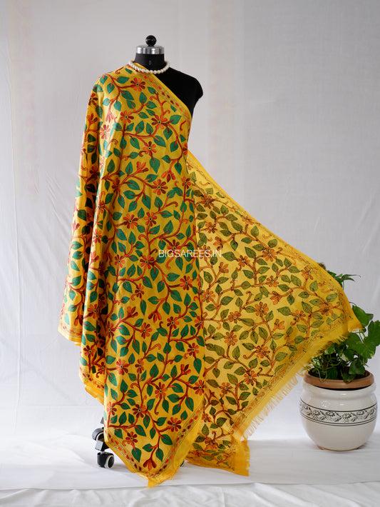 Kantha Hand-Embroidered Dupatta | Blended Bangalore Silk | Full Work | Yellow
