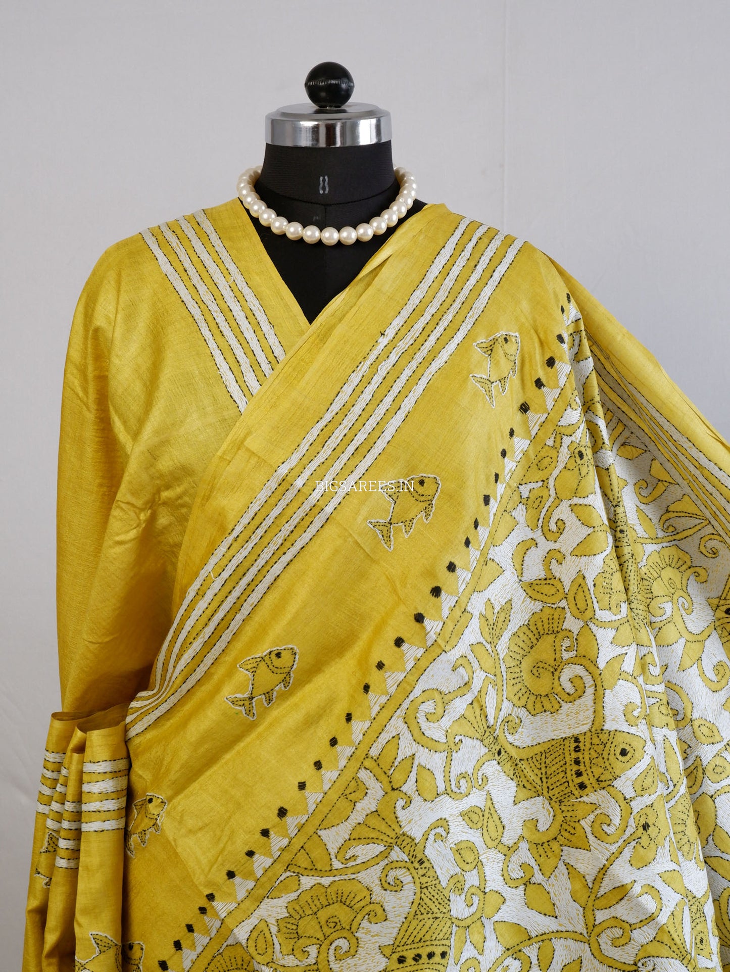 Reverse Kantha Hand-Embroidered Saree with Blouse Piece | Pure Tussar Silk | Silk Marked | Yellow