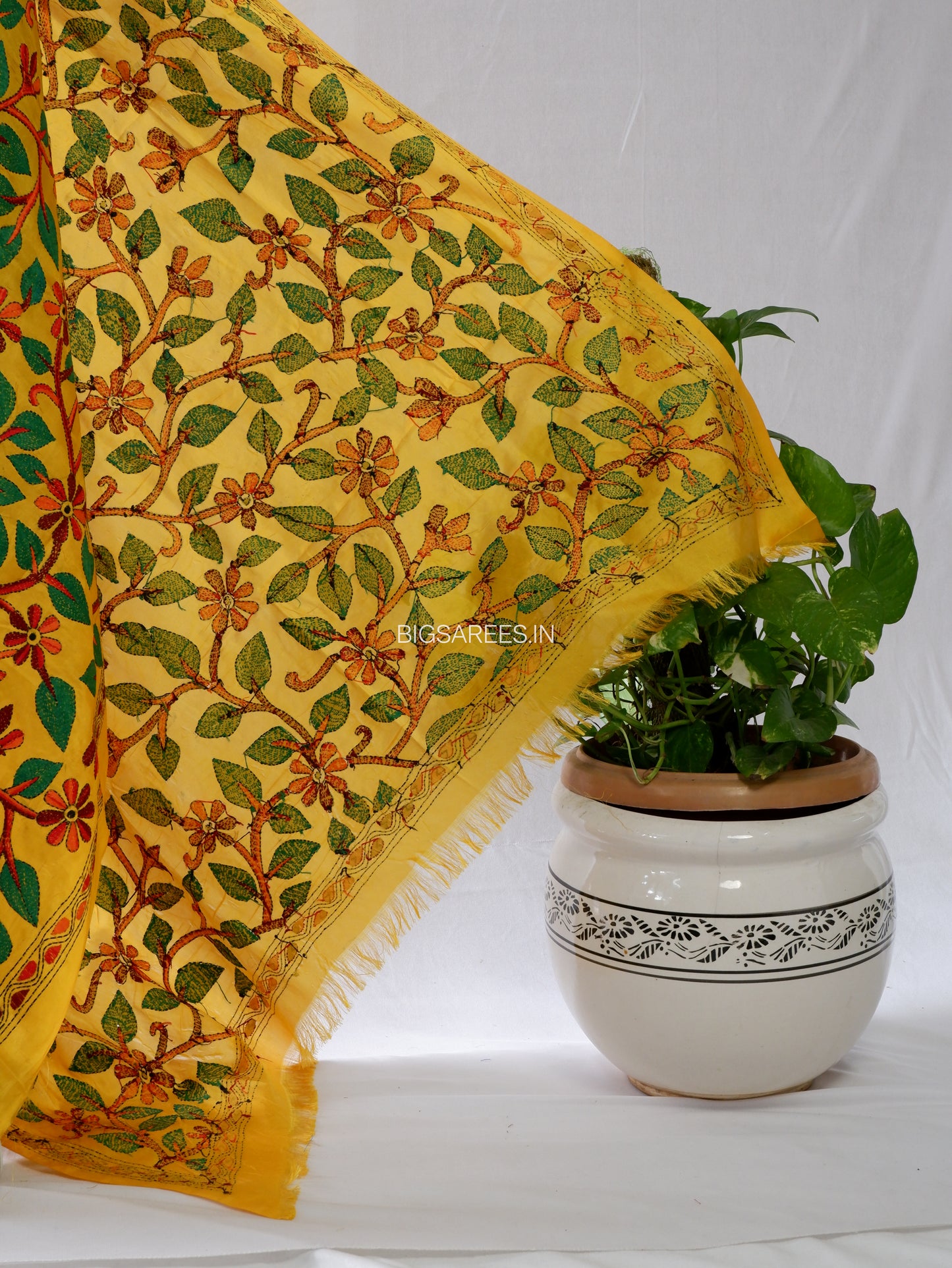 Kantha Hand-Embroidered Dupatta | Blended Bangalore Silk | Full Work | Yellow