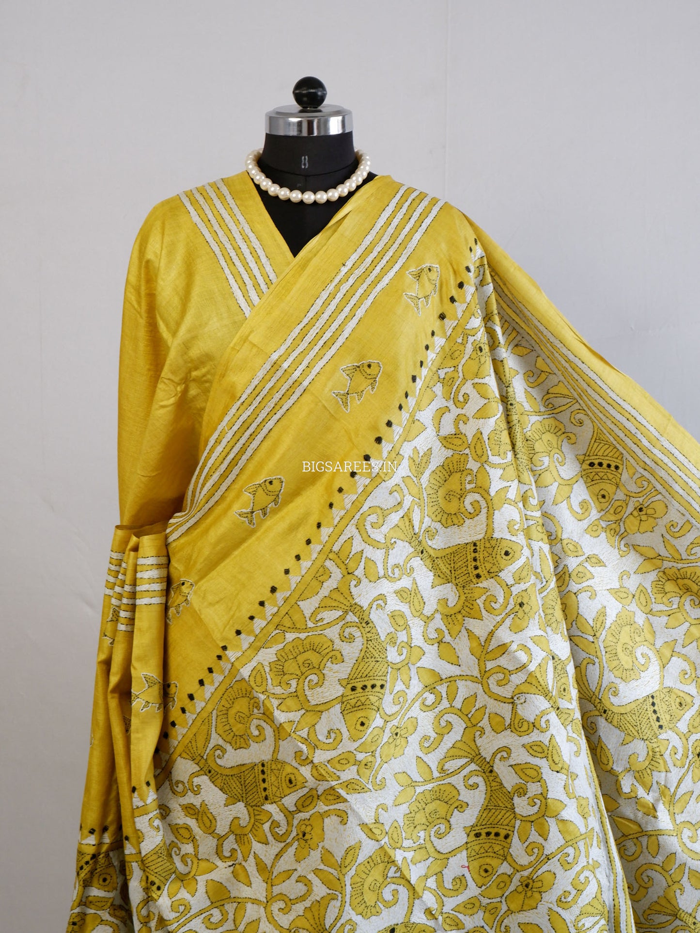 Reverse Kantha Hand-Embroidered Saree with Blouse Piece | Pure Tussar Silk | Silk Marked | Yellow