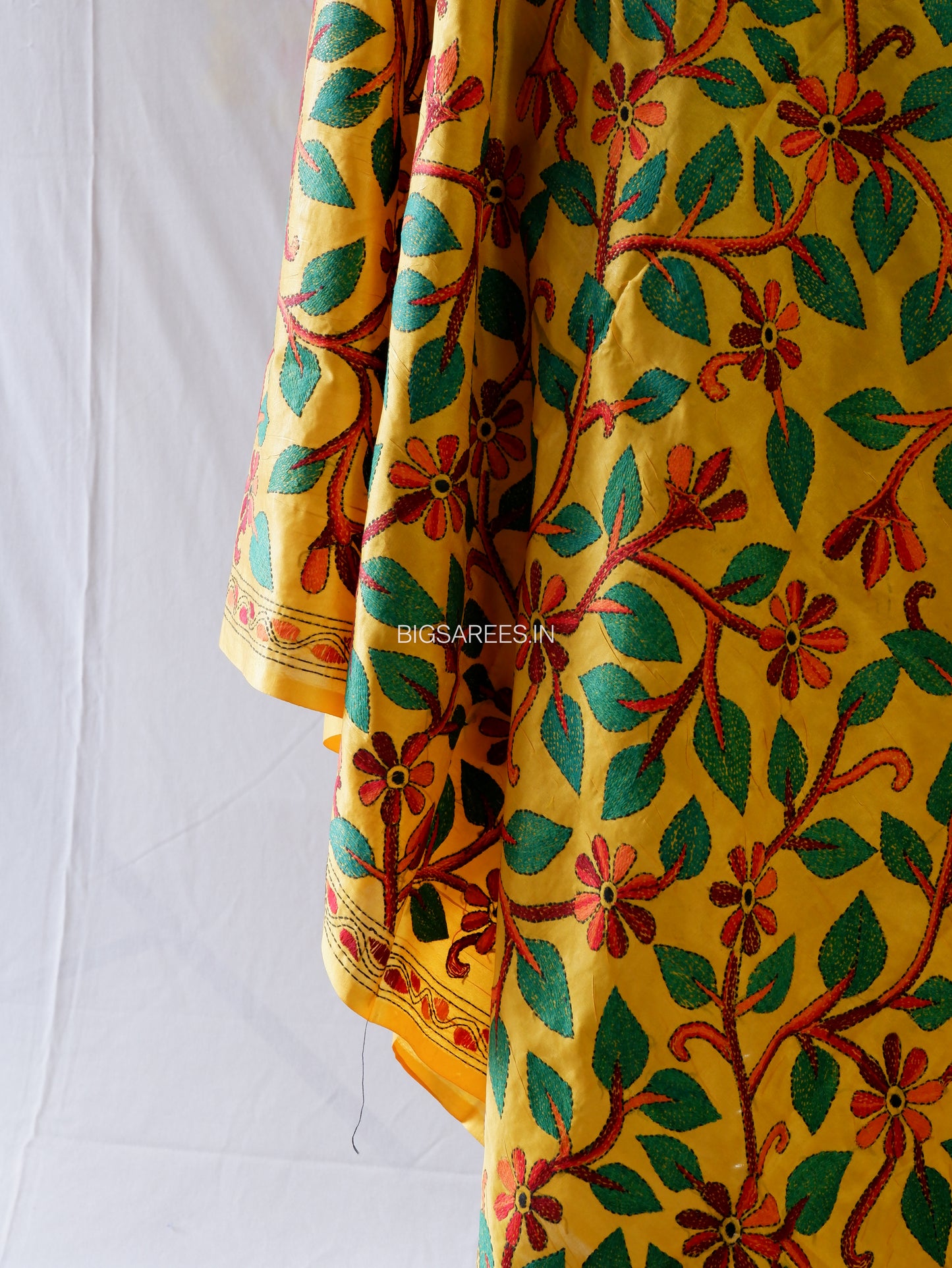 Kantha Hand-Embroidered Dupatta | Blended Bangalore Silk | Full Work | Yellow