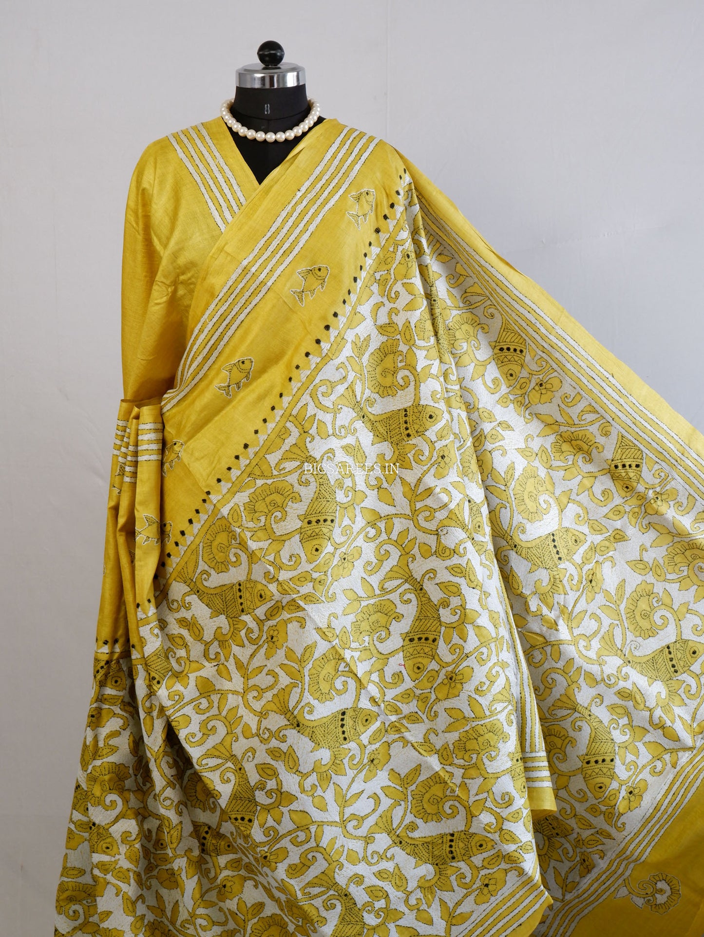Reverse Kantha Hand-Embroidered Saree with Blouse Piece | Pure Tussar Silk | Silk Marked | Yellow