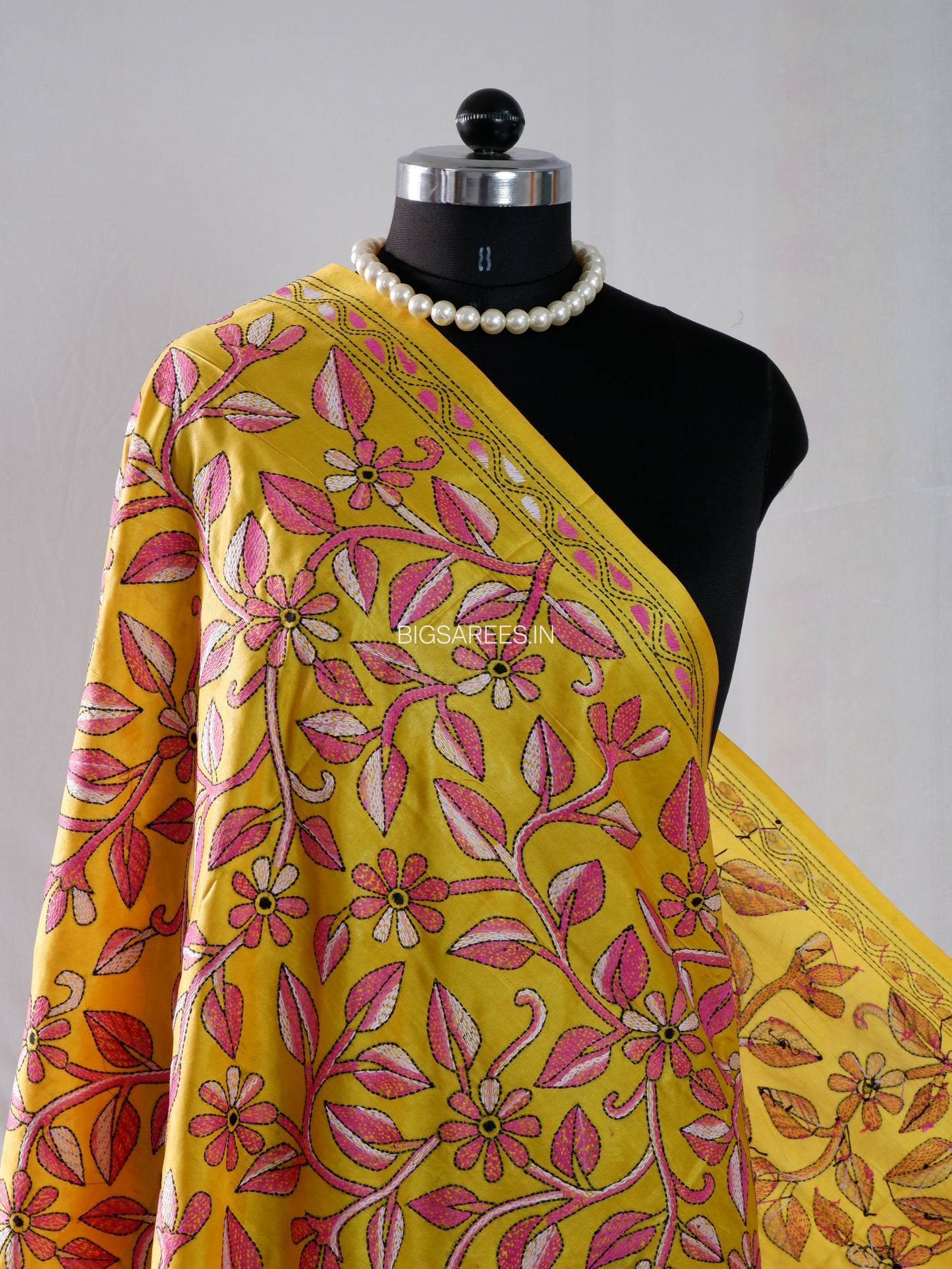 Kantha Hand-Embroidered Dupatta | Blended Bangalore Silk | Full Work | Yellow