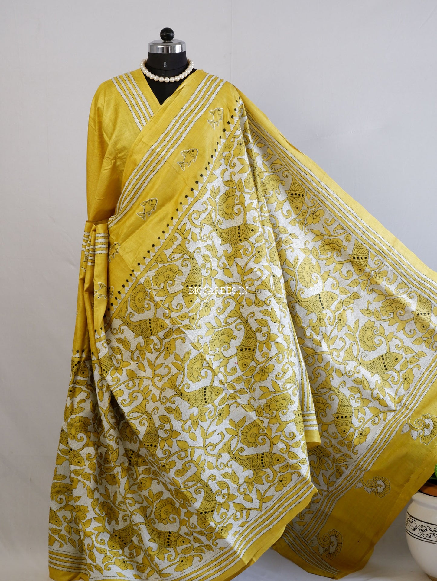 Reverse Kantha Hand-Embroidered Saree with Blouse Piece | Pure Tussar Silk | Silk Marked | Yellow