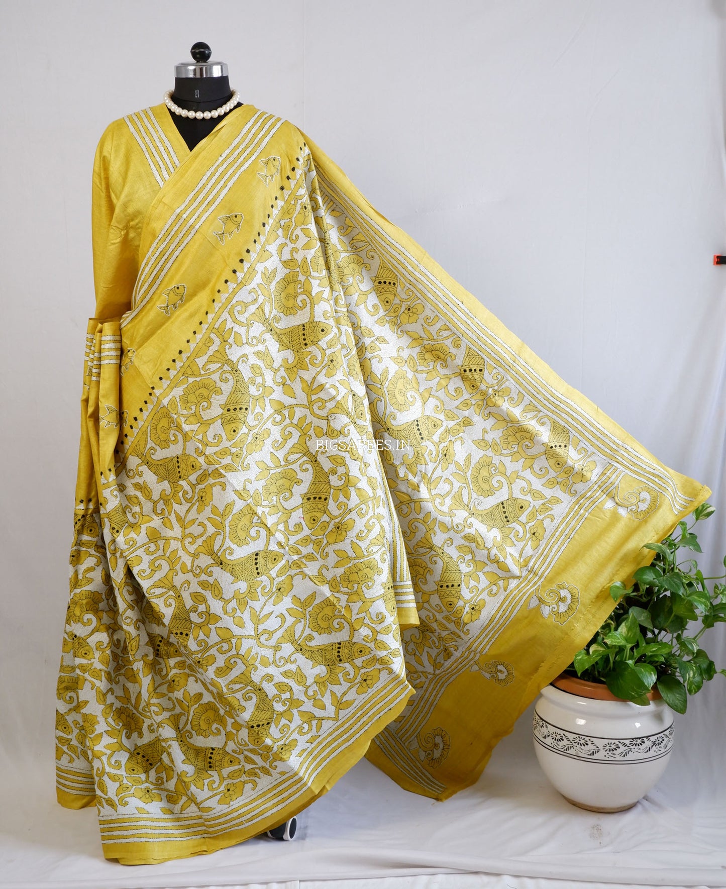 Reverse Kantha Hand-Embroidered Saree with Blouse Piece | Pure Tussar Silk | Silk Marked | Yellow