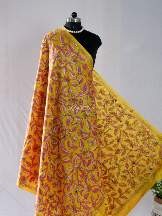Kantha Hand-Embroidered Dupatta | Blended Bangalore Silk | Full Work | Yellow