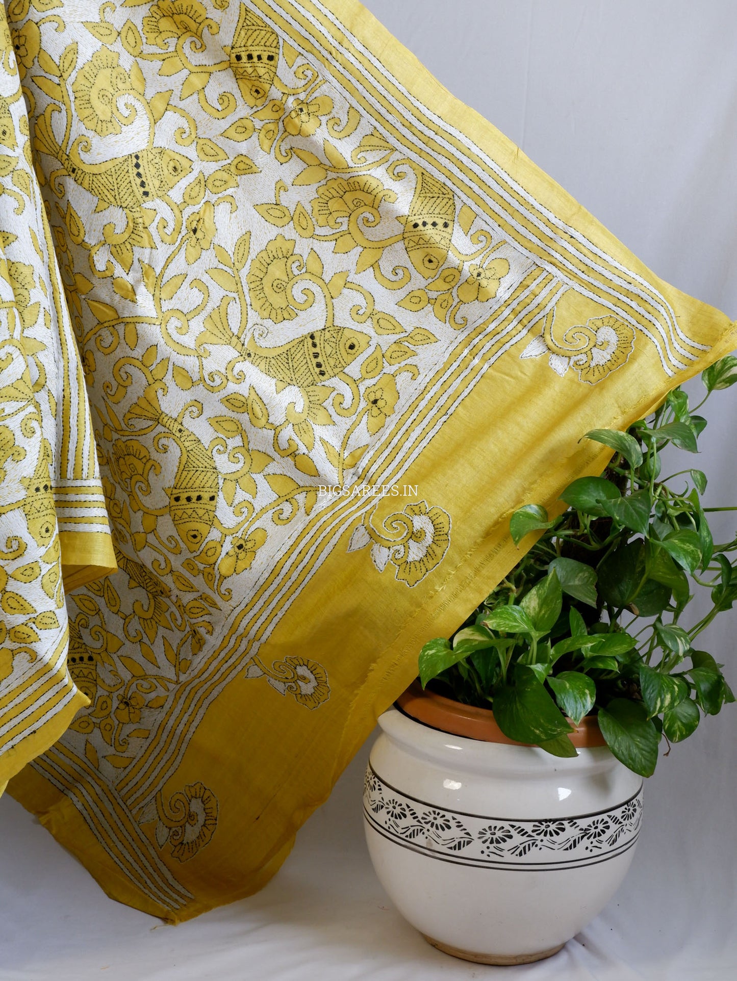 Reverse Kantha Hand-Embroidered Saree with Blouse Piece | Pure Tussar Silk | Silk Marked | Yellow