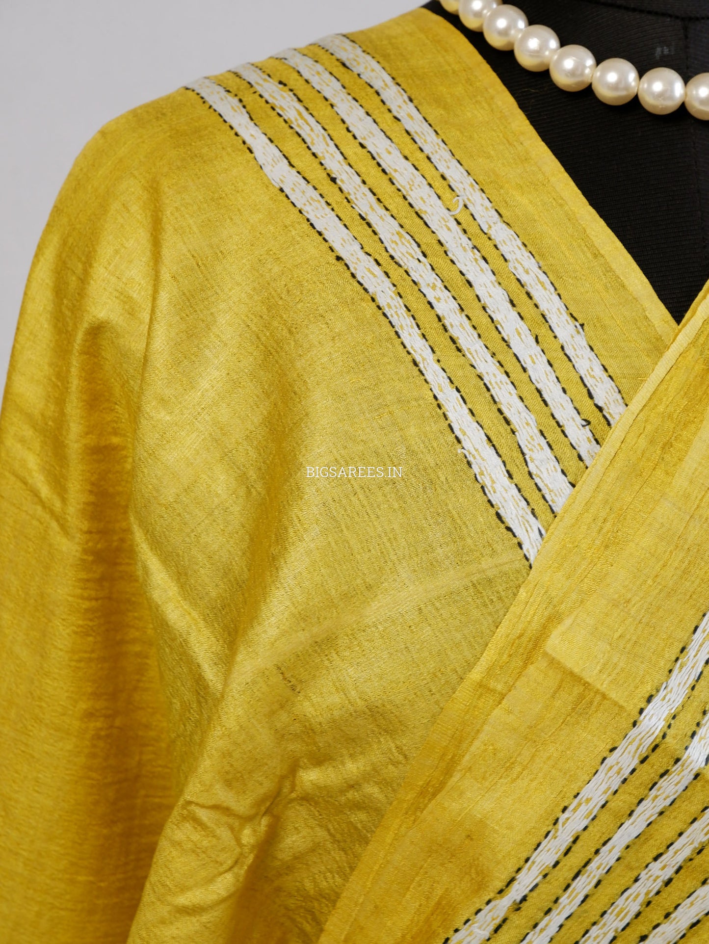 Reverse Kantha Hand-Embroidered Saree with Blouse Piece | Pure Tussar Silk | Silk Marked | Yellow