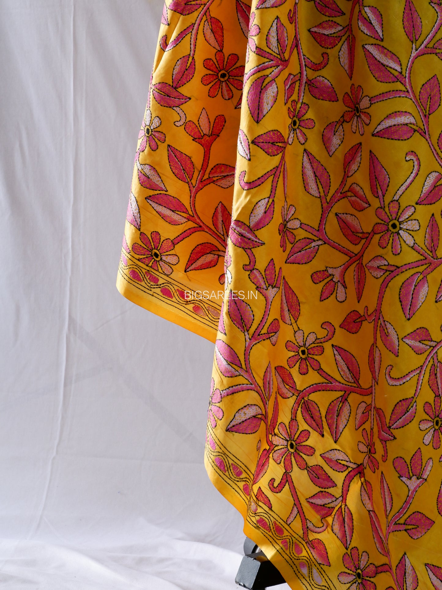 Kantha Hand-Embroidered Dupatta | Blended Bangalore Silk | Full Work | Yellow